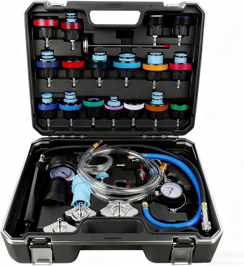 Xpro 28pcs Universal Radiator Pressure Tester Kit, Tester Pneumatic Vacuum Cooling System Purge Refill Leak/Refiller Set, Universal Automotive Domestic/Import Vehicles, Motorcycle - Image 1